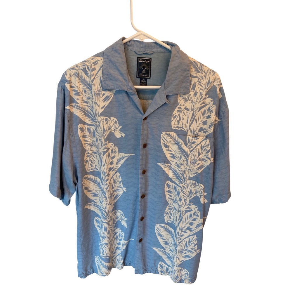 Montego Resort Mens Blue Hawaiian Tropical Leaf Silk Button‎ Up Shirt Medium